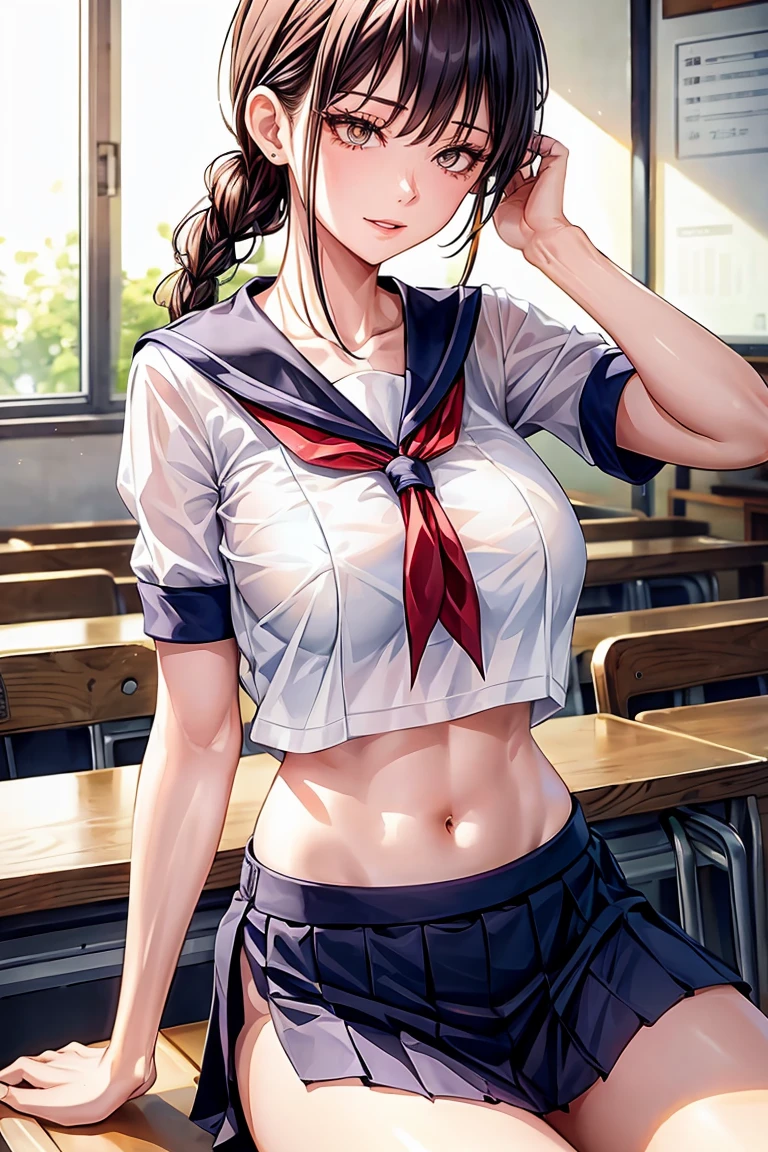 Makima (Chainsaw Man), woman, sexy woman, mature female, mommy, sharp eyes, detailed lips, big breast, short sleeves sailor uniform, sexy sit, classroom, evil smiling, seductive lips, adjusting hair, short skirt, hunter eyes, looking back, midriff peek, earrings , high pony tail 