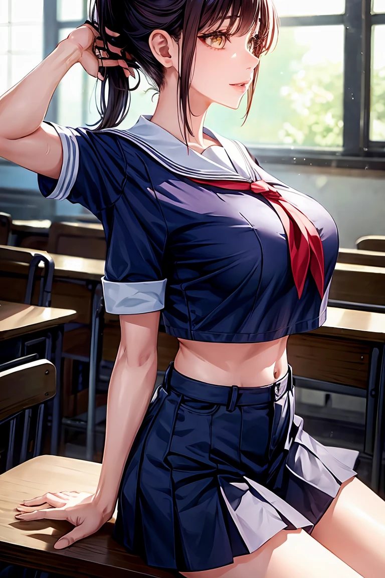 Makima (Chainsaw Man), woman, sexy woman, mature female, mommy, sharp eyes, detailed lips, big breast, short sleeves sailor uniform, sexy sit, classroom, evil smiling, seductive lips, adjusting hair, short skirt, hunter eyes, looking back, midriff peek, earrings , high pony tail 