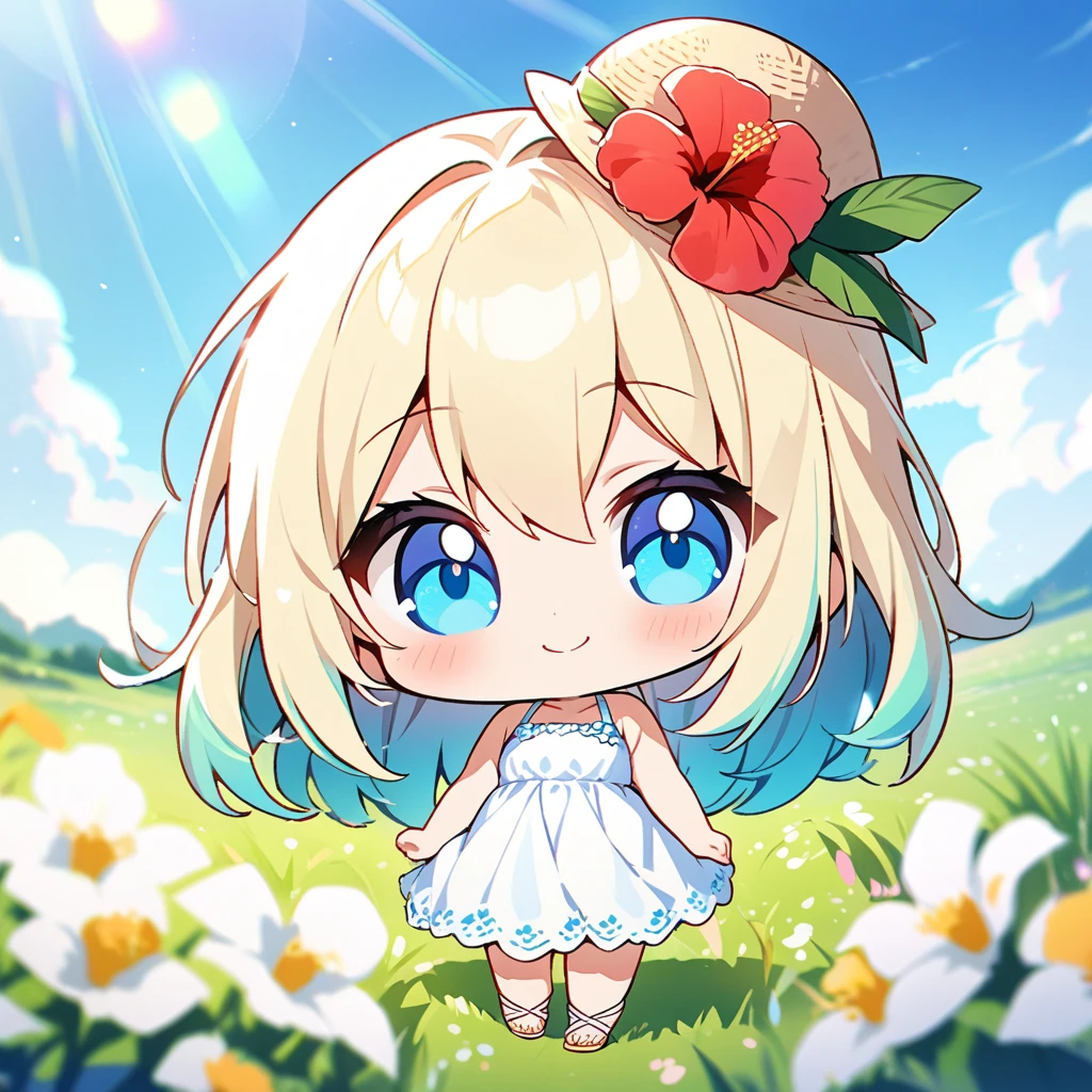 masterpiece, best quality, 4k、2D illustration, one beautiful girl, solo、(((chibi style)))、((vivid colors))、cute chibi, lovely chibi、((colorful))、((long beautiful hair)), glossy light blonde hair, hair between eyes, cute, beautifully detailed eyes、((white summer dress))、((straw hat))、hibiscus hair ornament, flip-flops, ((happy smile))、((full body shot))、((summer grasslands))、((gentle breeze))、((blue sky))、sunbeam, white light, ((lens flare)), ((high color saturation)),