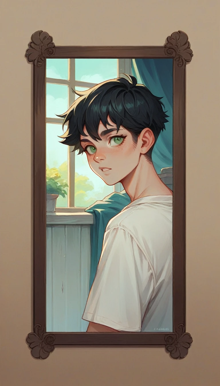 a 17-year-old Argentinian teenager with half-white skin, black hair and green eyes, who takes a photo in the mirror of his house