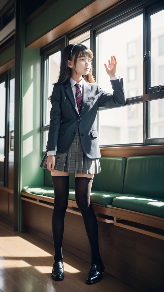 Super fine、8k、muste piece、(RAW photo:1.4)、High resolution、((Composition gradually moving away from the subject))、((Full body photo from face to shoes))、((perfect anatomy:1.tanding sideways、Gaze looking up at the sky、beautiful profile、1 female 14 yeiled skin、glowing skin、baby face、double eyelid、long eyelasheoist eyes、small face、smile、open your mouth、Neat and clean hairstyle、school hallway、stare out the window、Put your hands on the window and stretch out.、turn your body toward the window、Natural light comes in from the windows、Dreaminess、realistic school scenery、middle School girls、A blue and gray school bag slung over my shoulder、、slender and delicate body、small breasts、Blazer unith green lines、girls 、plaid skirt、healthy、young female teenager、black tights、blts、detailed black knee high socks、Detailed brown loafers leather shoes、loafers、full body shot、Neat and clean hairstyle、Emphasizes the rather slender leg line