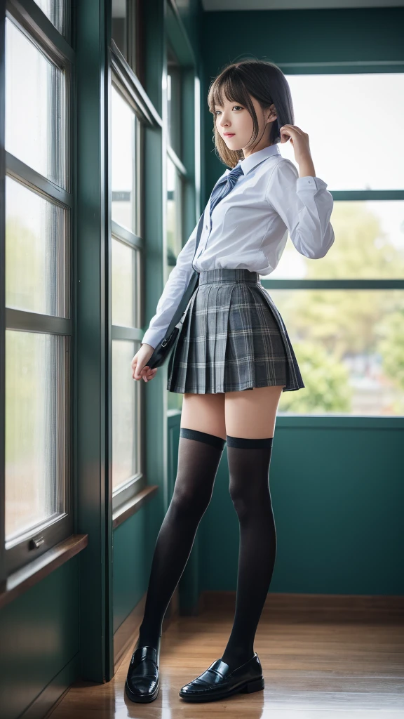 Top quality, high image, 1 woman, 18 years old, school stairs, black jacket, Medium breasts,white blouse,(plaid miniskirt), cotton panties,upskirt,from below1.3