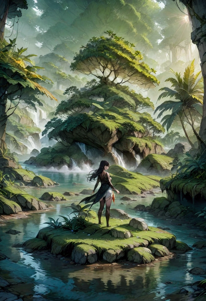 1girl, island, a mysterious island, lush tropical jungle, overgrown vegetation, winding rivers and waterfalls, ancient ruins and crumbling stone temples, sunlight filtering through the canopy, mist and fog obscuring the horizon, mysterious creatures lurking in the shadows, intricate carvings and hieroglyphics, weathered and mossy stone, golden sun rays, dramatic lighting, cinematic composition, vibrant colors, 8k, ultra-detailed, masterpiece, best quality, very aesthetic, absurdres