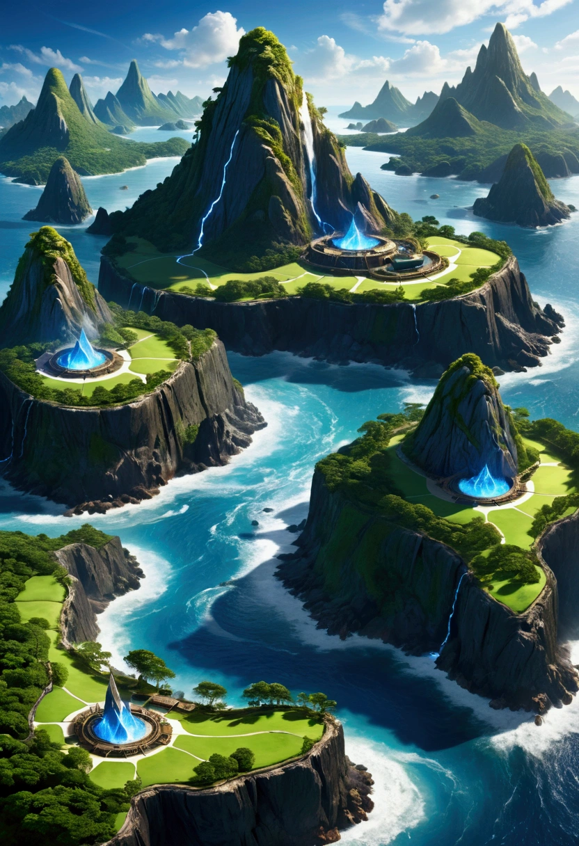A detailed and complex topographical map of the mysterious island,Composed of different elemental materials, Wide-angle lens,(Best quality,4K,8k,high resolution,masterpiece:1.2),Ultra Detail,fantasy,Volumetric Lighting,panoramic,Wind effect,闪electricity,electricity,fire,ice,gem,Metal,Wood texture