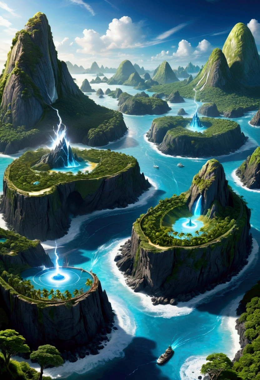 A detailed and complex topographical map of the mysterious island,Composed of different elemental materials, Wide-angle lens,(Best quality,4K,8k,high resolution,masterpiece:1.2),Ultra Detail,fantasy,Volumetric Lighting,panoramic,Wind effect,闪electricity,electricity,fire,ice,gem,Metal,Wood texture