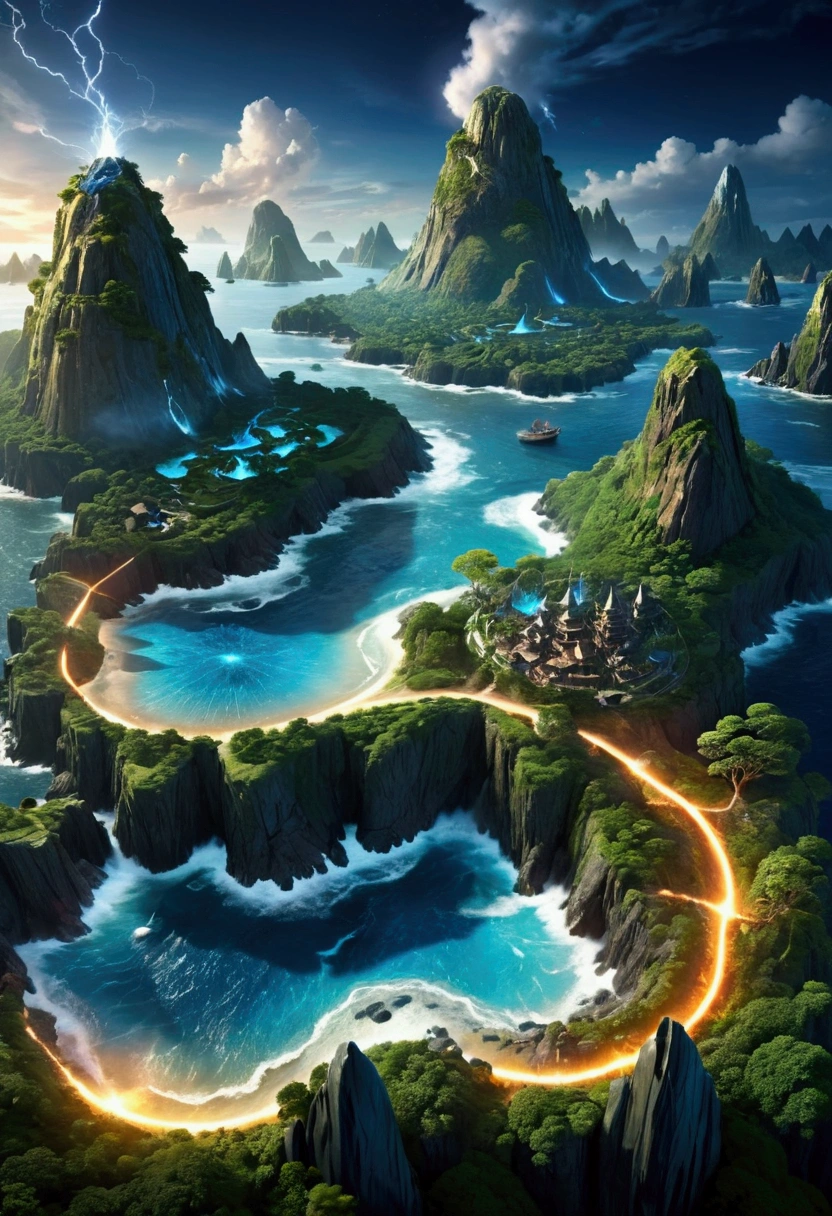 A detailed and complex topographical map of the mysterious island,Composed of different elemental materials, Wide-angle lens,(Best quality,4K,8k,high resolution,masterpiece:1.2),Ultra Detail,fantasy,Volumetric Lighting,panoramic,Wind effect,闪electricity,electricity,fire,ice,gem,Metal,Wood texture