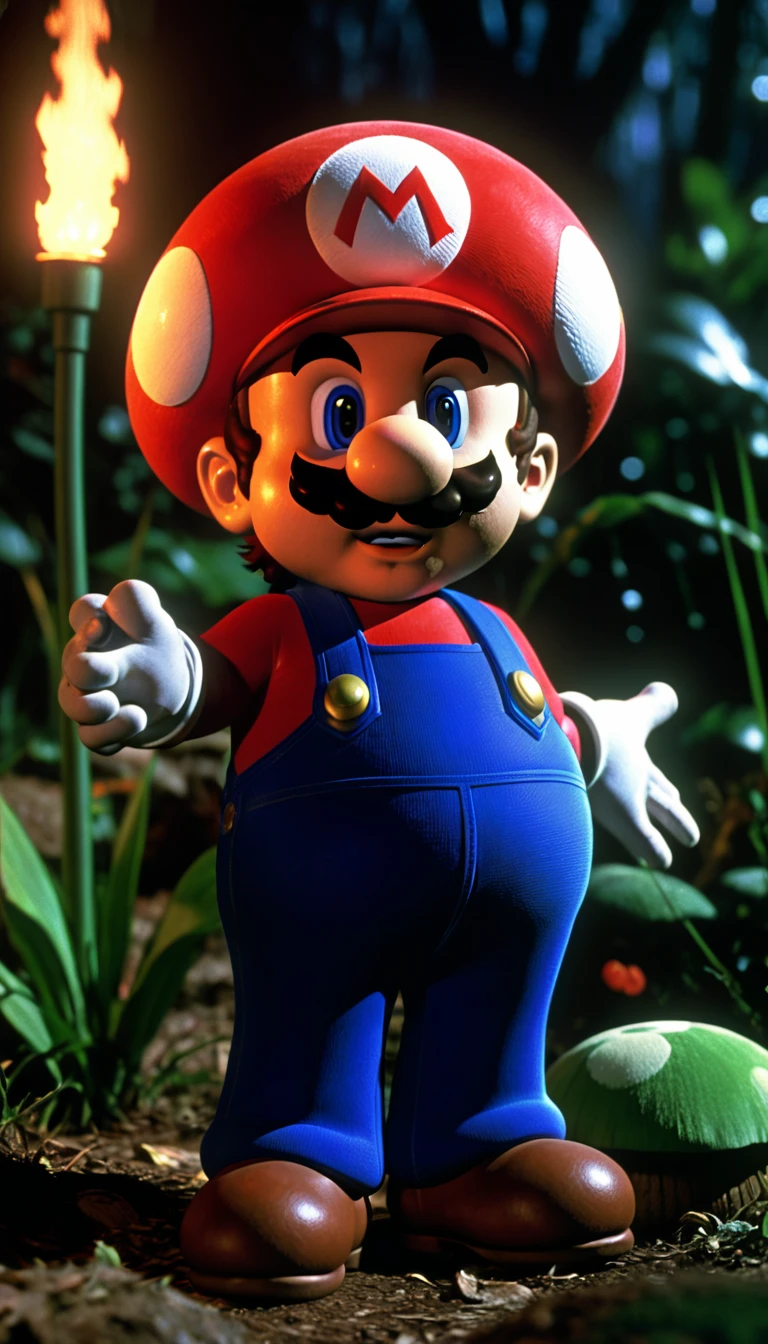 mushroom character from super mario bros, dvd screenshot, cinematic lighting, 1980s video, realistc human, vhs, dark fantasy ambient
