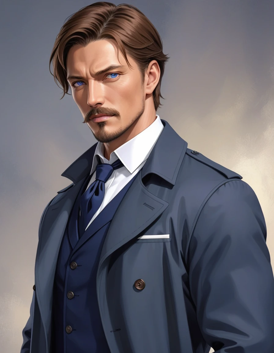 1man, mature male, parted bangs, medium-short hair, brown hair, muscular male celeb, short goatee, short mustache, indigo eyes, gentleman, elegant netori male, BREAK solo, white collared shirt, gray trench coat, black neck ribbon, in gentle sasaki style, visual novel, 2010s, extreme all detailed, masterpiece, best quality