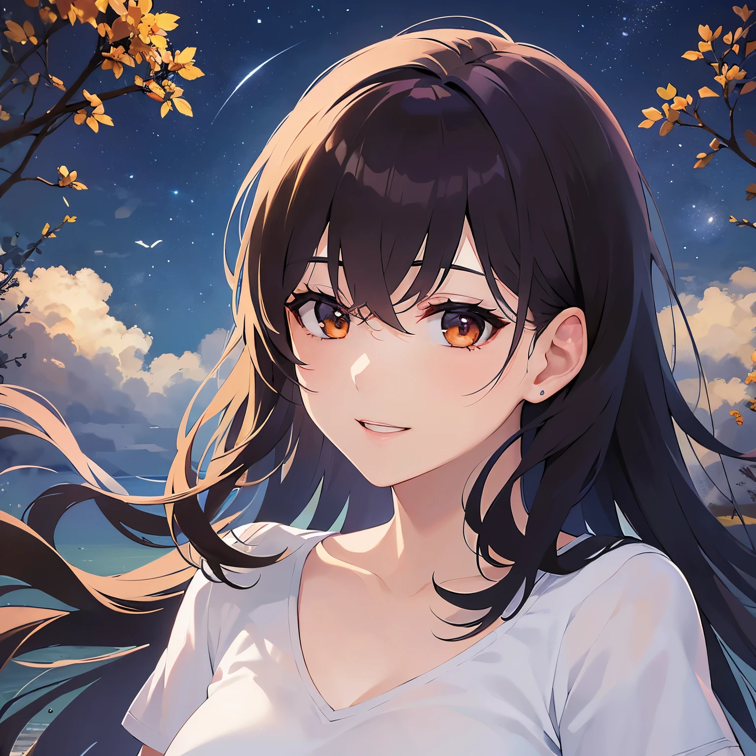 (Night Sky:1.5)、grass、Park Realistic, real person, (pale skin: 1.2), RAW photo, photorealistic, shiny skin, shiny hair、 BREAK(A 25-year-old woman with medium-length hair and bangs) and (wavy hair) and (brown hair) and (Orange Eyes)、(white) and (T-shirt) and (v neck) BREAK,smile,closed-eyes