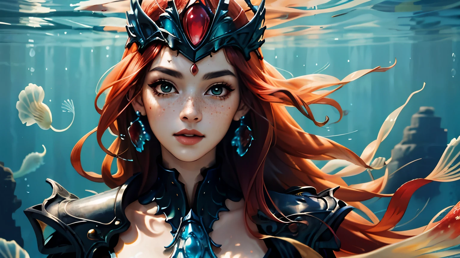 masterpiece, best quality), intricate details, (Best quality)), ((masterpiece)), ((realistic)), (hyperrealism:1.2), (fractal art:1.2), (1girl), (perfect face:1.3), ((red long hair)), extreme detailed eyes, colorful, highest detailed, Nami, fishbody, mermaid, scales, tail, water, ocean, waves, orange eyes, freckles, yellow green hair, (mermaid), (detailed fish), (glowing jellyfish, shining jellyfish:1.2), (bubbles:1.2), seaweed, (under the sea), water streaks, vibrant colors, high contrast, (8K UHD:1.2), (photorealistic:1.2), wearing dark grey metallic knight helmet with red ruby in center, dark grey metallic necklace, wearing dark grey metallic battle armor, faint red in the ocean in the background