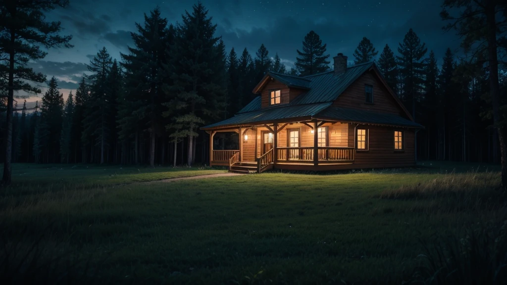 NIGHT FOREST WITH A HOUSE IN THE MIDDLE WITH TERROR ATMOSPHERE. DO IT LIKE IT'S 6 PM