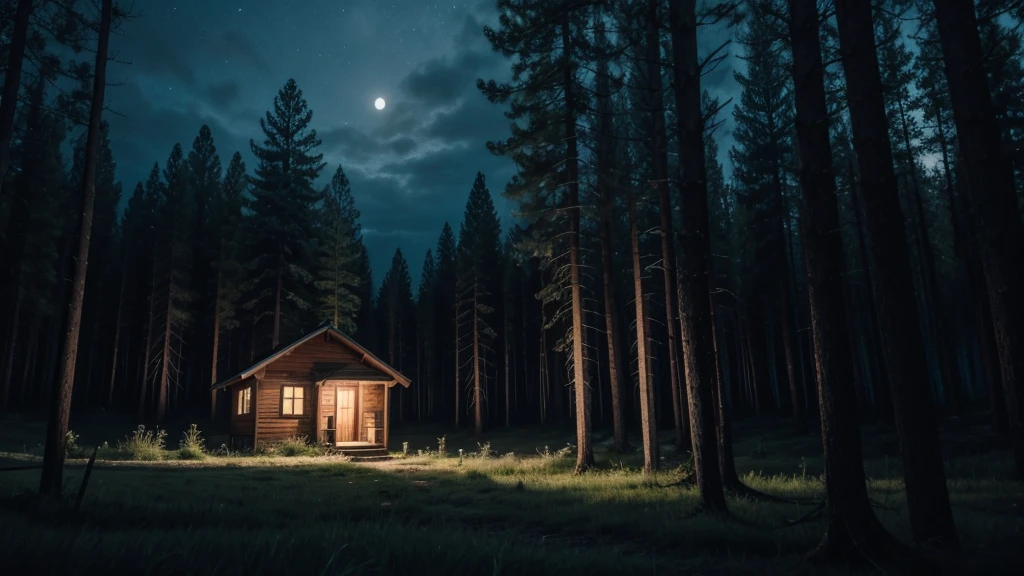 NIGHT FOREST WITH A HOUSE IN THE MIDDLE WITH TERROR ATMOSPHERE. DO IT LIKE IT'S 6 PM