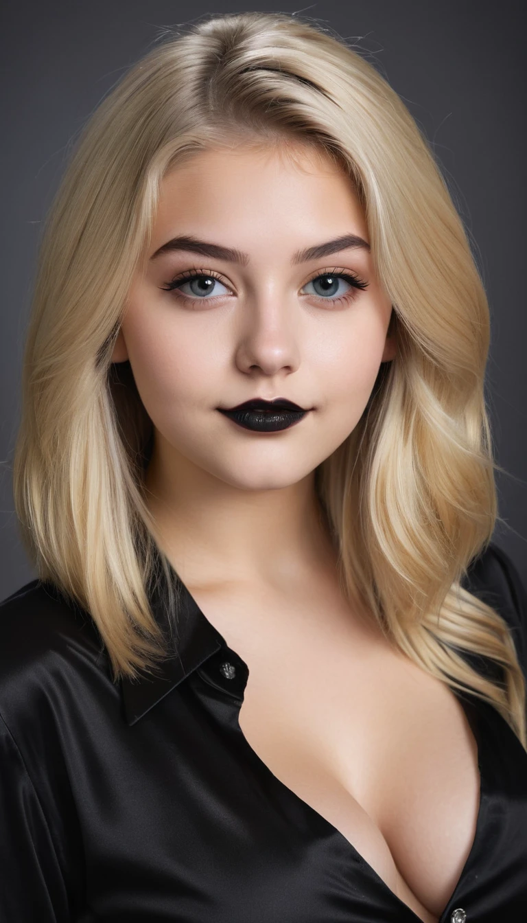 ultrarealistic high quality mugshot photo of a beautiful busty european 18-year-old  girl with cute hyperdetailed shy happy face and shoulder length platin-blonde classic bob and long legs, realistic round eyes, black lipgloss, decent makeup with eyeliner, wearing black button-up satin blouse, cleavage, hourglass body, indoor office photography