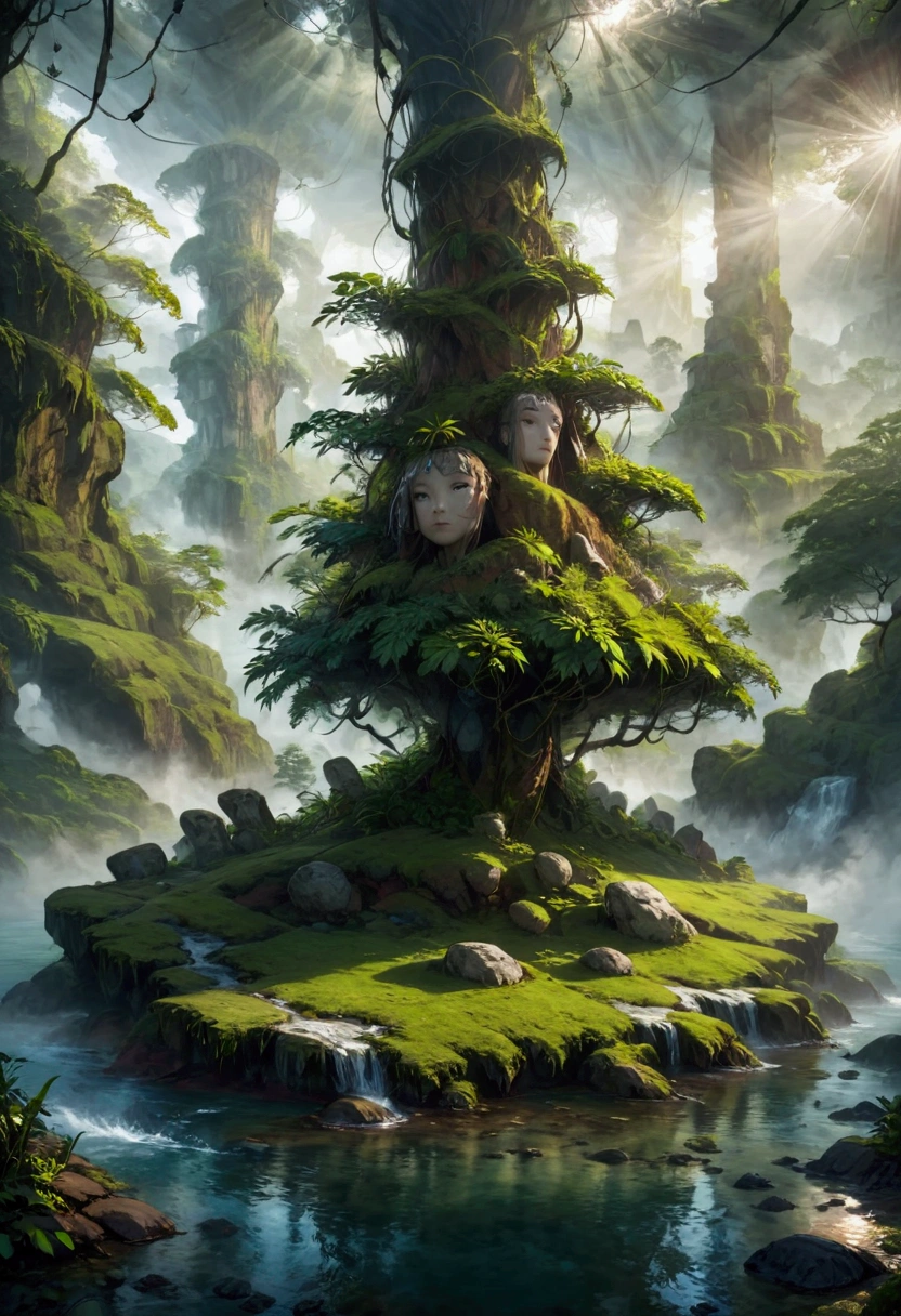 1girl, island, a mysterious island, lush tropical jungle, overgrown vegetation, winding rivers and waterfalls, ancient ruins and crumbling stone temples, sunlight filtering through the canopy, mist and fog obscuring the horizon, mysterious creatures lurking in the shadows, intricate carvings and hieroglyphics, weathered and mossy stone, golden sun rays, dramatic lighting, cinematic composition, vibrant colors, 8k, ultra-detailed, masterpiece, best quality, very aesthetic, absurdres