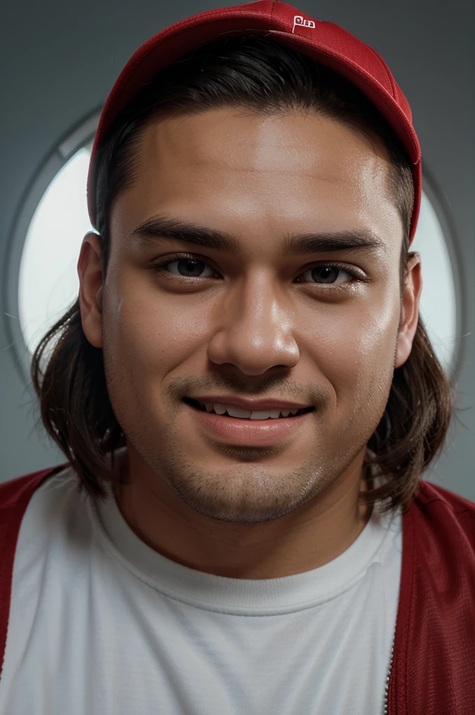cartoon Caricature of a man with a large head. selfie photo, a fat young man from Indonesia, 27 years old, has an oval, slightly rounded head, wearing a plain bright red baseball cap, wearing a plain red bomber jacket, smiling at the camera. green gradient background, using bright photographic lighting, with soft bright light on the head and hair, soft light on the edges of the body, oil painting art, 3D render, soft lighting, disney pixar 3D characters, 16K HD resolution, very high detail photos, 8K UHD, focus, ultra instinct, body softly illuminated, intense, epic, very high quality, animation, cinematic, close up, dark fantasy, 3D cartoon characters, headshot photography, adobe illustration , illustration, studio lighting, Realistic.