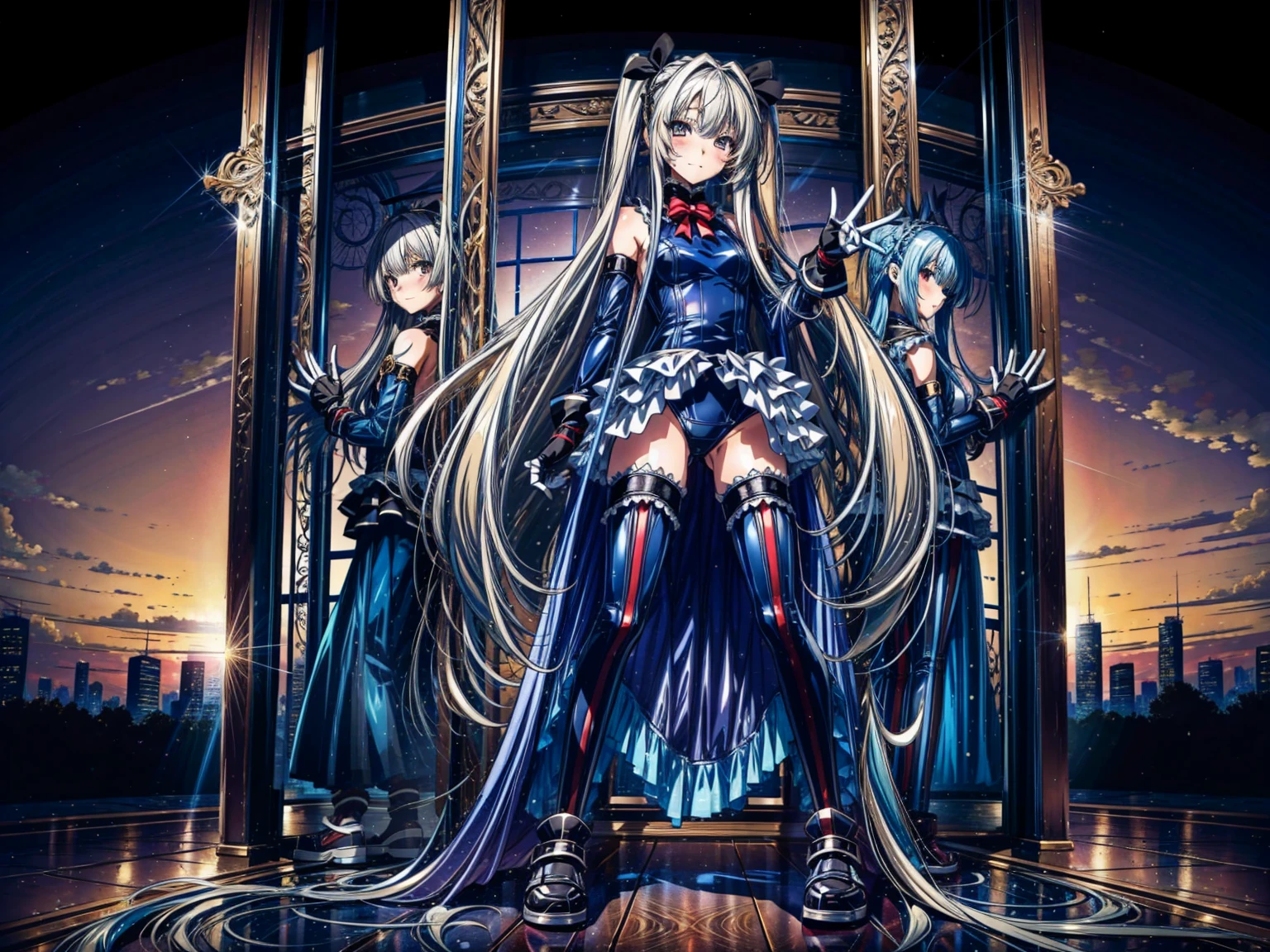Masterpiece, Very detailed, Highest quality, Sharp focus, 12k, ultra hi resolution picture, big ,12k,Perfect Anatomy, Highest quality, Marie Rose,,Provocative attitude
,,evilSmile,Anime Style,(frilled swimsuit,thighhighs,detached sleeves), (Anime Style:1.4) ,
,(White fingers:1.1,Black gloves),
Hollow Eyes,,(3 s)、,(Very long hair:1.6),(full body:1.3),Inside the base