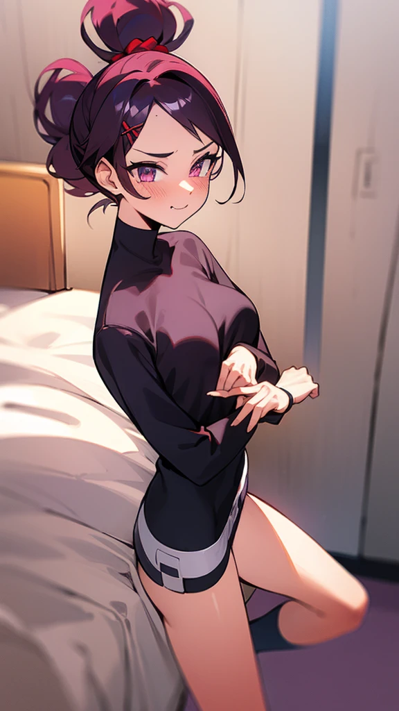high tail hairstyle, Ponytail hairstyle, Long wavy black hair, standing posing, anime girl style, pixel art anime style,penetrating look with deep eyes,red and purple eyes, hair with a ponytail hairstyle trapped with a big red bun, Women, red hair clips, x color shaped hair clips , smiling face blush, next to his bed, lingerie, Tank Top, Black hair, mini skirt, big thighs,
