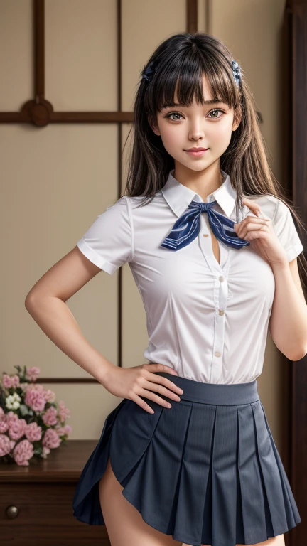 masterpiece:1.2, highest quality), (Realistic, photoRealistic:1.4), Beautiful illustrations, (Natural Side Lighting, Cinema Lighting), Written boundary depth, Looking at the audience, Front view, 1 girl standing, Japanese, high school girl, 18-year-old, Perfect Face, Symmetrical cute face, Shiny skin, Leg spread, (Bob Hair:1.7, black), Asymmetrical bangs, Big eyes, Droopy eyes, long eyelashes chest), thin, Beautiful Hair, Beautiful Face, Beautiful and beautiful eyes, Beautiful clavicle, Skinny body, Skinny bust, Skinny breasts, Beautiful thighs, Beautiful legs, Beautiful 4 fingers and 1 thumb, Front of her skirt was Open by her hands, Her finger picks up the hem of her skirt, puts up the hem of the skirt by her hands and open hers skirt upward, ((High-quality fabric, Short sleeve white collar shirt, Navy blue Pleated Skirt, Navy bow tie)), (Beautiful views), evening, (Inside the flower shop), standing, (smile, Superior, Open her mouth), (((Flipping Up Skirt by her fingers, The skirt that the front was Flipping up by her hands, No pants, Genitals are visible))), Full Body Shot, Sexy Face, Inverted nipples, Background is Full of Flowers