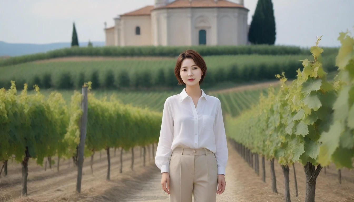 8k realistic, lifelike photo,, 36 year old Korean woman, Short in stature, pretty like a model. front view, tower, casual pants, short medium hair, Italy. vineyard, smother. Cathedral, vineyard 지나 smother 속으로 Cathedral이 보인다. Full body shot from afar with a wide angle lens , 1 woman, Short in stature, looking at the camera