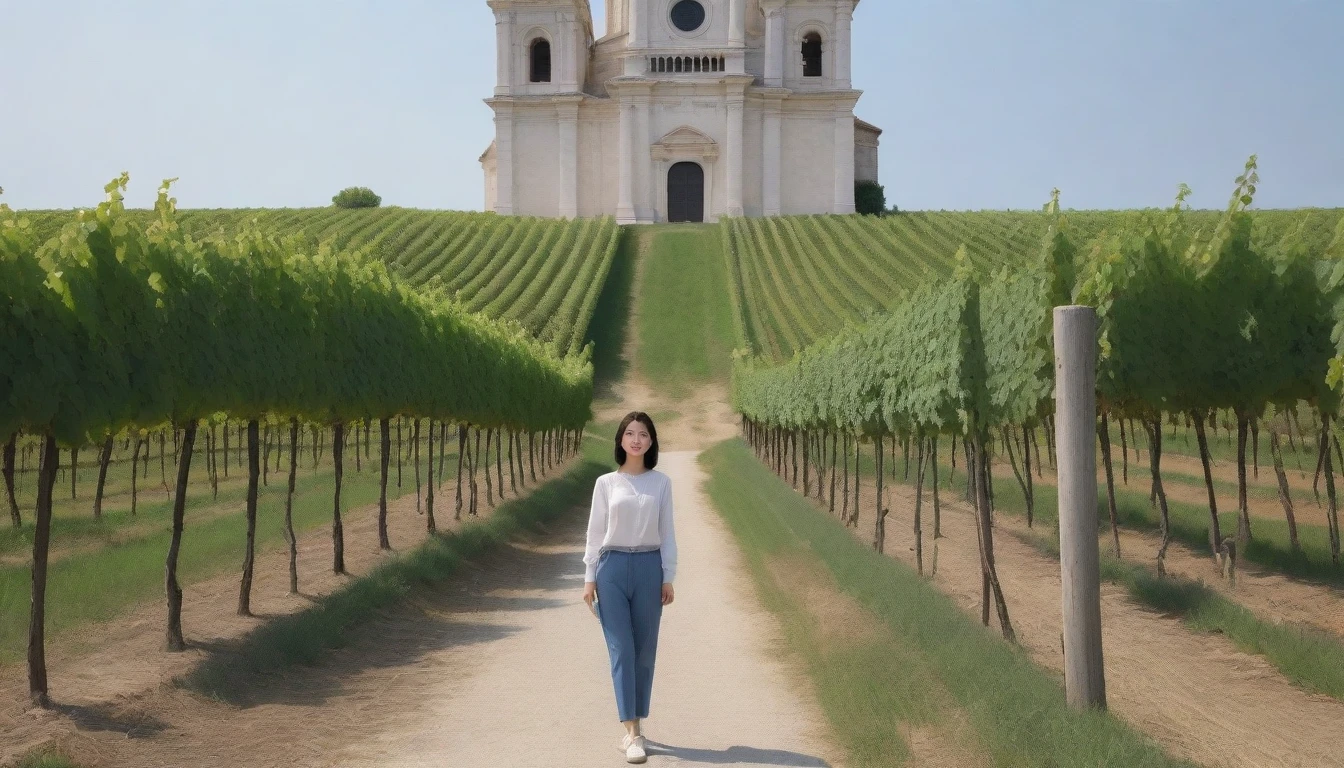 (((highest quality))), High saturation, cleaning, structurally sound, stylized, architecture, chimney, blue sky, Fantastic, doors, grassy, Monte, outside, flood, landscape, tree, window, wheat field, wheat, country, 1 naked girl, (completely nude, droopy large breasts, thighs, shiny pale skin), 微笑