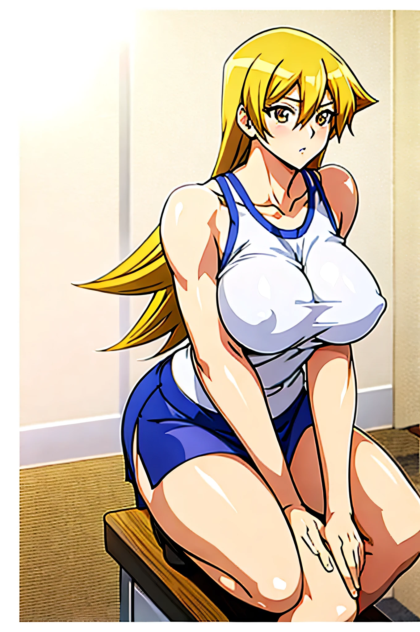 Close-up of a woman with long blonde hair, Brown eyed woman, 髪 between eyes, Classic Women, Big Breasts, A woman with very large breasts, Made by Anime Artist Studio, , clothing:White tank top, Women Romance, Anime Style, Muscular Woman, Feminine and muscular, Tall Woman, High school girls, Adult sex appeal, Wearing a tight skirt, Anime dick!!!!, tank top with an white, Bare shoulders, Skin tight tank top, Bare Arms, looking at viewer, Cowboy Shot,
