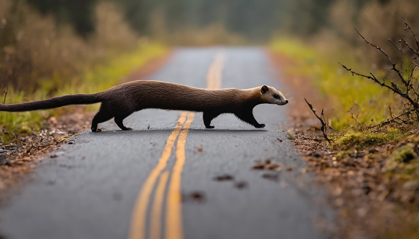 2 people saw a weasel carcass with many black thorns in the middle of a road surrounded by forest, real style