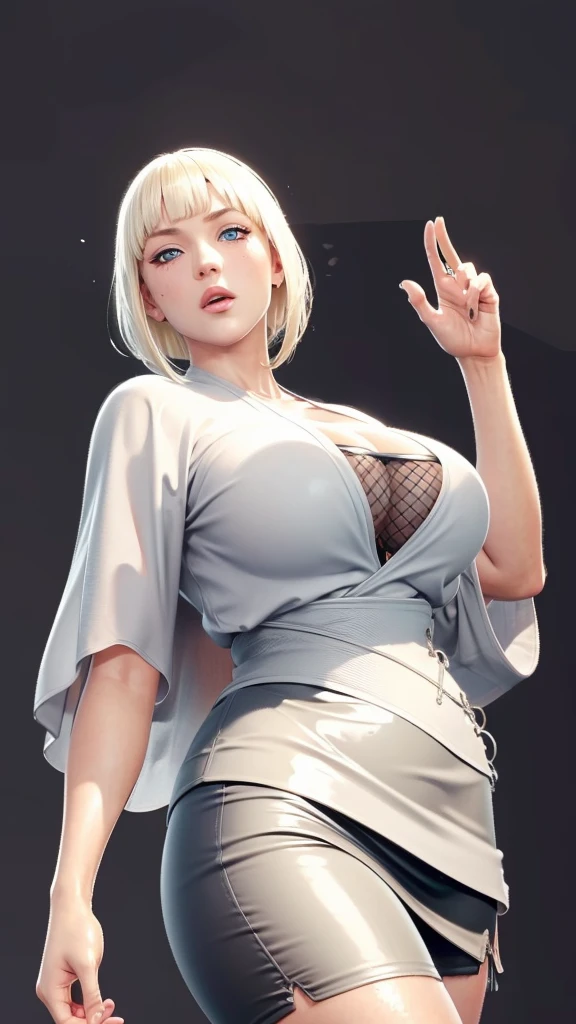 (（（Perfect body,White and tender skin,（（（BLACK KIMONO, CLEAVAGE, VAMBRACES,）））,（（（Samui, Blue eyes, blonde hair, short hair, bangs, blunt bangs,）））,((masterpiece)),high resolution, ((Best quality at best)),masterpiece,quality,Best quality,（（（ Exquisite facial features,Looking at the audience,There is light in the eyes,blush,Happy,lol）））,Look up at the sky，Raise a hand，From below）））,（（（Light and shadow,Huge breasts）））,（（（Looking at the camera,black background,)））),