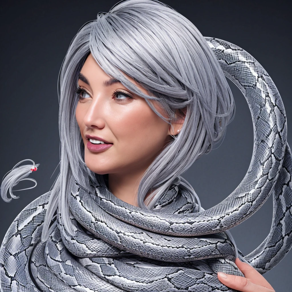 A woman with silver hair with a gray snake wrapped around her and her tongue sticking out