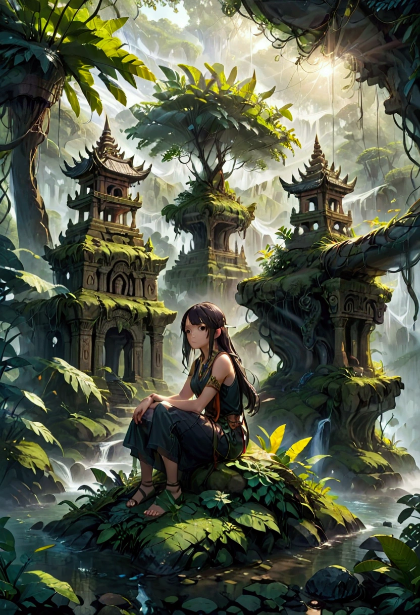 1girl, island, a mysterious island, lush tropical jungle, overgrown vegetation, winding rivers and waterfalls, ancient ruins and crumbling stone temples, sunlight filtering through the canopy, mist and fog obscuring the horizon, mysterious creatures lurking in the shadows, intricate carvings and hieroglyphics, weathered and mossy stone, golden sun rays, dramatic lighting, cinematic composition, vibrant colors, 8k, ultra-detailed, masterpiece, best quality, very aesthetic, absurdres