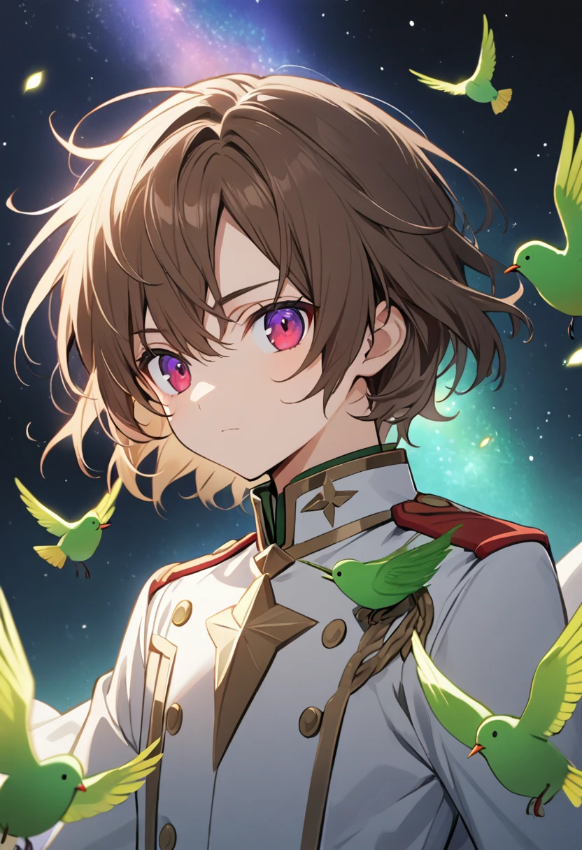1 male Brown Hair The center of the bangs is long Purple Eyes White military uniform style A slim little green bird with red eyes Space Background
