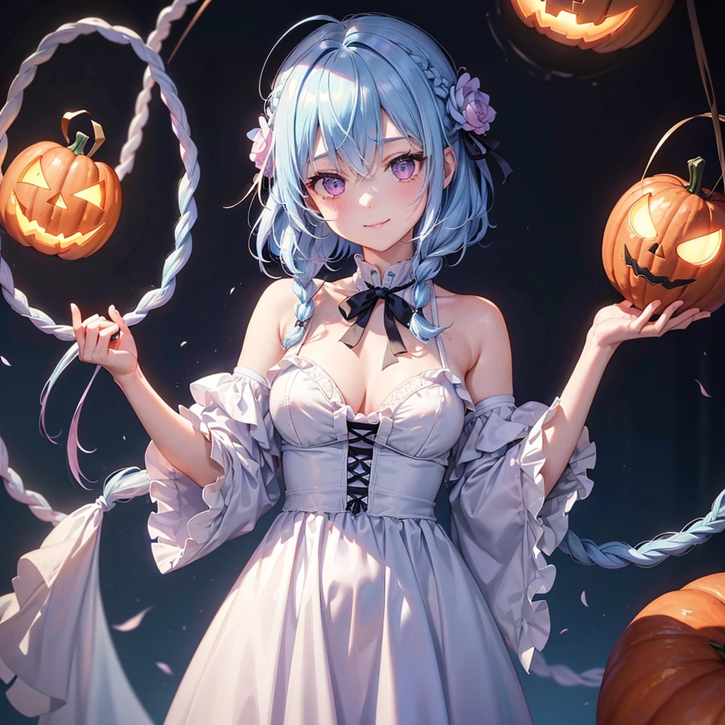 (Light blue medium hair),(Braided hair tied together)、Pink eyes、Fair skin、cowboy shot、Halloween、The background is a pumpkin ghost、Trick or Treat、A lot of sweets、Black cat、Wizard、Candy、Cosplay、A surprising smile、A dignified figure、solo、(masterpiece、Highest quality、Very detailed、Best Shadow)、(Detailed Background)、(Beautifully detailed face)、High contrast、(Best lighting、Very delicate and beautiful)、(Cinematic Light)、colorful、Hyper Detail、Dramatic Light、Exquisite detail、