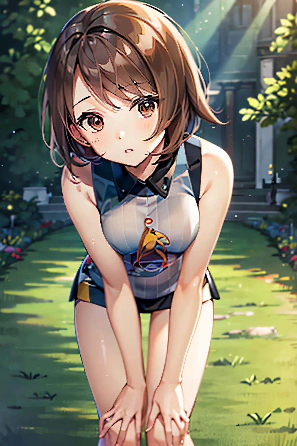 masterpiece, best quality, highres, gloria1, 1girl, gloria \(pokemon\), brown hair, solo, brown eyes,hand on own knee, leaning forward,shy look