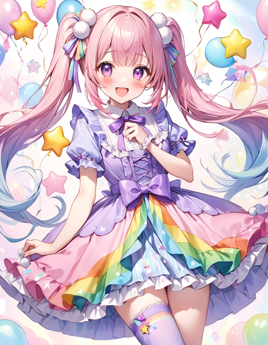 (whole body, legs and shoes visible: 1.2)) Expressive eyes, One girl, Pale skin, Long Hair, Windblown Hair, ((absurdly Long Hair)), Long Side Lock, Princess bangs, Hair bangs, Hair Bun, ((Very long twin tails)), Rainbow Hair, Light pink hair, blush, full face blush, big sparkling Pastel Purple eyes, (Gradient Eye), Laughing with your mouth open, cute pose, ((Holding a balloon : 1.3)) ((cute and pastel fashion)) ((🦄🎠🎈🎉 theme : 1.4)) A loose pastel dress, ((Dreamy multi-colored open dress)), (Floating ribbon), Lavender Frill, Pink frills, (Light blue lace), Removable short sleeves, Fluffy skirt, ((Rainbow and star printed skirt : 1.3)), ****ta Skirt, Purple ribbon, ((pom pom ribbon hair ornament : 1.4)), Multiple Bows, Striped lace stockings, (heart型のレッグガーター), cute (Pastel Purple) shoes ((Ultra-detailed clothing and fashion)) I&#39;m watching you, Vintage Girl, blush, (Beautiful attention to detail), (Highly detailed CG Unity 8k wallpaper) (Best Shadow), ((Very delicate and beautiful)), (Detailed light), ((Depth of written boundary)) Big Head, Big, bright eyes, Moe, Splash Art, Cinema Lighting, Front view, volumetric lighting maximalist photo illustration k resolution high resolution intricate detailed complex key visuals precise linear ((Dreamy pastel sky background, Surrounded by sunset clouds, shooting star, Castle above the clouds)) ((Ultra-detailed landscapes, Foggy clouds, Hung by balloons, heart : 1.3))