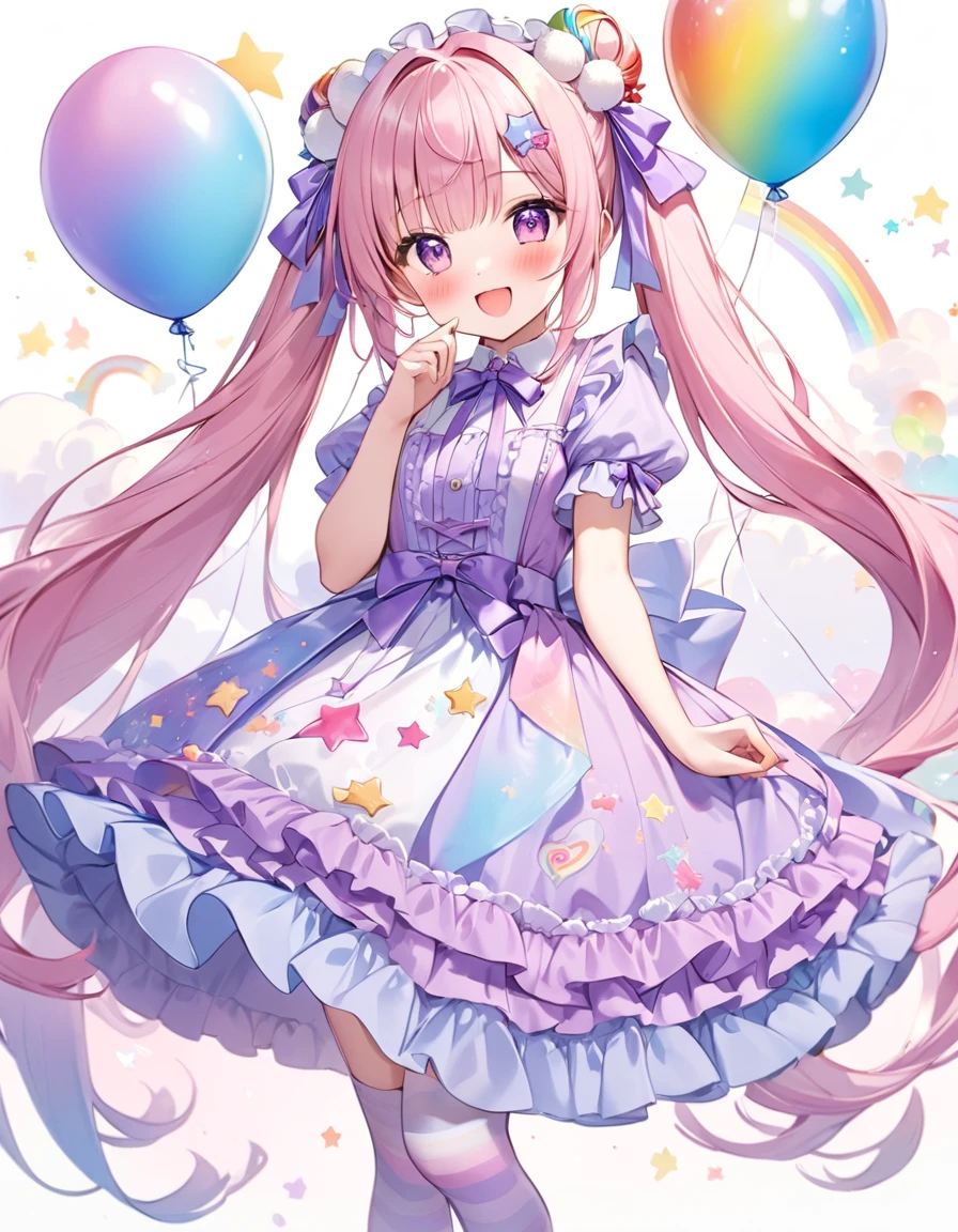 (whole body, legs and shoes visible: 1.2)) Expressive eyes, One girl, Pale skin, Long Hair, Windblown Hair, ((absurdly Long Hair)), Long Side Lock, Princess bangs, Hair bangs, Hair Bun, ((Very long twin tails)), Rainbow Hair, Light pink hair, blush, full face blush, big sparkling Pastel Purple eyes, (Gradient Eye), Laughing with your mouth open, cute pose, ((Holding a balloon : 1.3)) ((cute and pastel fashion)) ((🦄🎠🎈🎉 theme : 1.4)) A loose pastel dress, ((Dreamy multi-colored open dress)), (Floating ribbon), Lavender Frill, Pink frills, (Light blue lace), Removable short sleeves, Fluffy skirt, ((Rainbow and star printed skirt : 1.3)), Lolita Skirt, Purple ribbon, ((pom pom ribbon hair ornament : 1.4)), Multiple Bows, Striped lace stockings, (heart型のレッグガーター), cute (Pastel Purple) shoes ((Ultra-detailed clothing and fashion)) I'm watching you, Vintage Girl, blush, (Beautiful attention to detail), (Highly detailed CG Unity 8k wallpaper) (Best Shadow), ((Very delicate and beautiful)), (Detailed light), ((Depth of written boundary)) Big Head, Big, bright eyes, Moe, Splash Art, Cinema Lighting, Front view, volumetric lighting maximalist photo illustration k resolution high resolution intricate detailed complex key visuals precise linear ((Dreamy pastel sky background, Surrounded by sunset clouds, shooting star, Castle above the clouds)) ((Ultra-detailed landscapes, Foggy clouds, Hung by balloons, heart : 1.3))