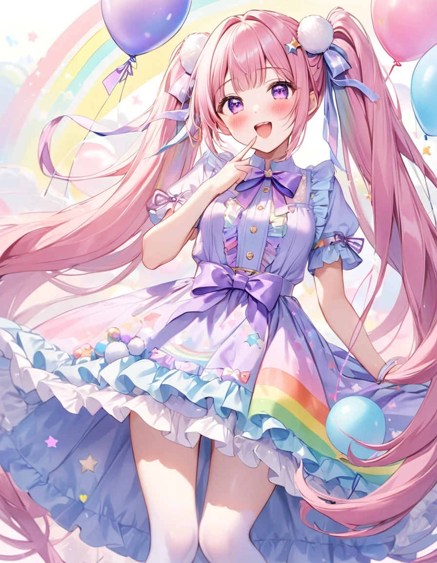 (whole body, legs and shoes visible: 1.2)) Expressive eyes, One girl, Pale skin, Long Hair, Windblown Hair, ((absurdly Long Hair)), Long Side Lock, Princess bangs, Hair bangs, Hair Bun, ((Very long twin tails)), Rainbow Hair, Light pink hair, blush, full face blush, big sparkling Pastel Purple eyes, (Gradient Eye), Laughing with your mouth open, cute pose, ((Holding a balloon : 1.3)) ((cute and pastel fashion)) ((🦄🎠🎈🎉 theme : 1.4)) A loose pastel dress, ((Dreamy multi-colored open dress)), (Floating ribbon), Lavender Frill, Pink frills, (Light blue lace), Removable short sleeves, Fluffy skirt, ((Rainbow and star printed skirt : 1.3)), ta Skirt, Purple ribbon, ((pom pom ribbon hair ornament : 1.4)), Multiple Bows, Striped lace stockings, (heart型のレッグガーター), cute (Pastel Purple) shoes ((Ultra-detailed clothing and fashion)) I'm watching you, Vintage Girl, blush, (Beautiful attention to detail), (Highly detailed CG Unity 8k wallpaper) (Best Shadow), ((Very delicate and beautiful)), (Detailed light), ((Depth of written boundary)) Big Head, Big, bright eyes, Moe, Splash Art, Cinema Lighting, Front view, volumetric lighting maximalist photo illustration k resolution high resolution intricate detailed complex key visuals precise linear ((Dreamy pastel sky background, Surrounded by sunset clouds, shooting star, Castle above the clouds)) ((Ultra-detailed landscapes, Foggy clouds, Hung by balloons, heart : 1.3))