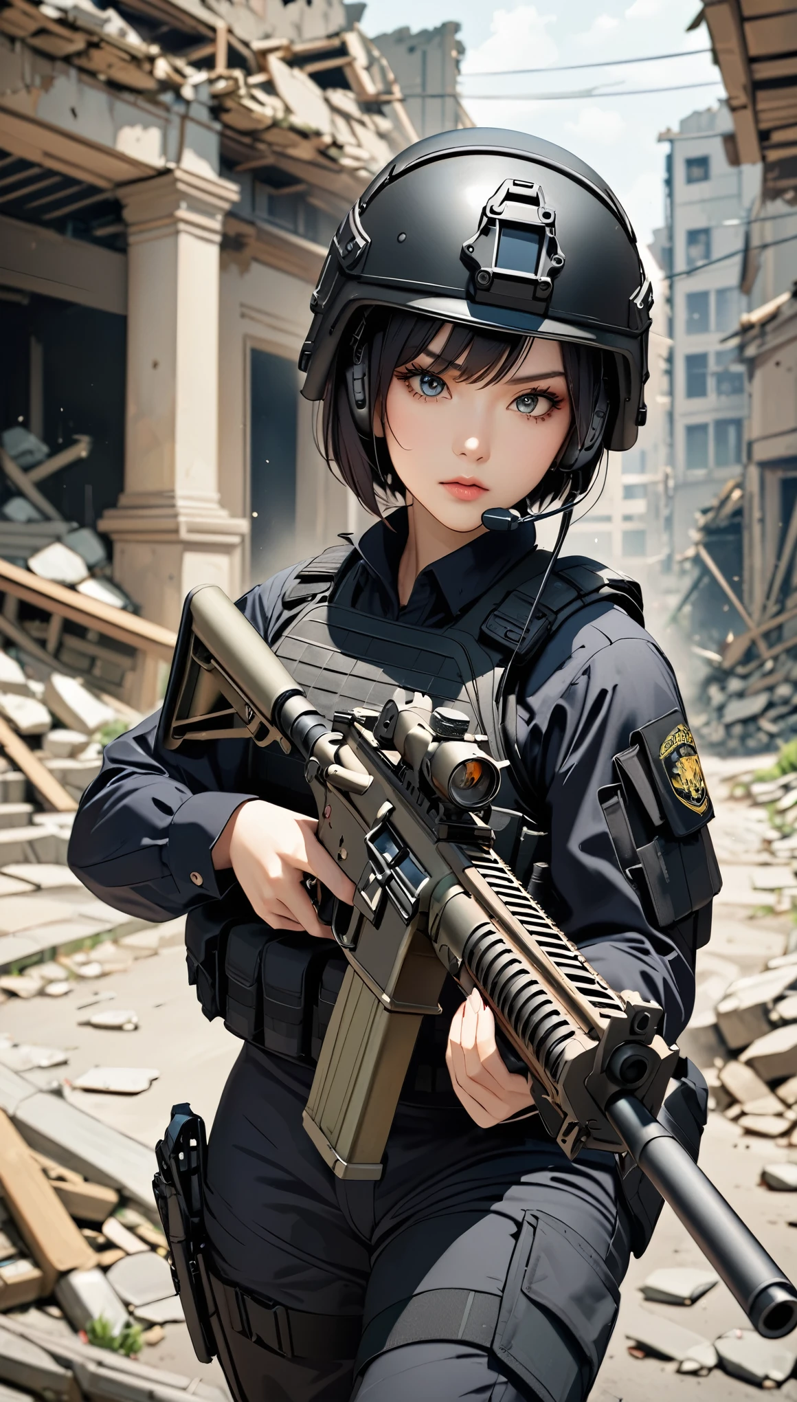 (masterpiece,Highest quality,Ultra-high resolution),One Woman,Japanese,Black Hair,Short Bob,(((Beautiful Eyes,Beautiful Hair,Beautiful Skin,Beautiful Face))),Serious,whole body,(((Gunfight))),(Dynamic Movement),((Small machine gun)),SWAT Uniforms,Black bulletproof vest, Combat Boots, Black Tactical Forster,Tactical Headset,Tactical Helmet,(The background is the rubble of ruins),(((Background Blur)))