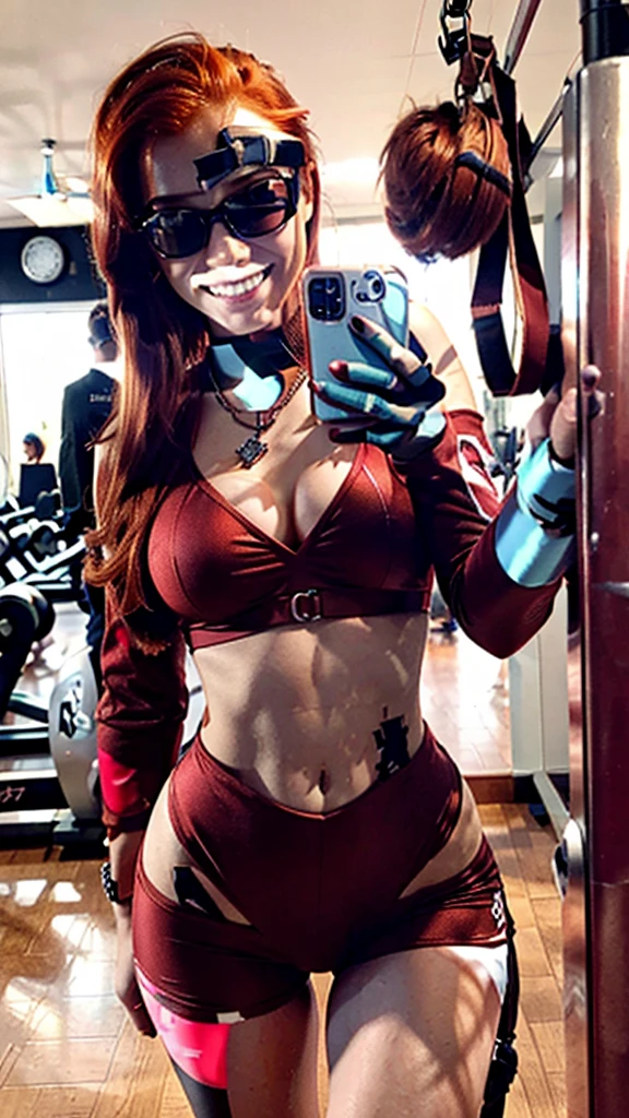 20 year old redhead influencer, posing at the gym, Selfie, Waist slender, appealing, red hair, photo realist, high qualiy, normal academy suit, busy gym, neckleace, cute smile, nothing inappropriate or explicit
