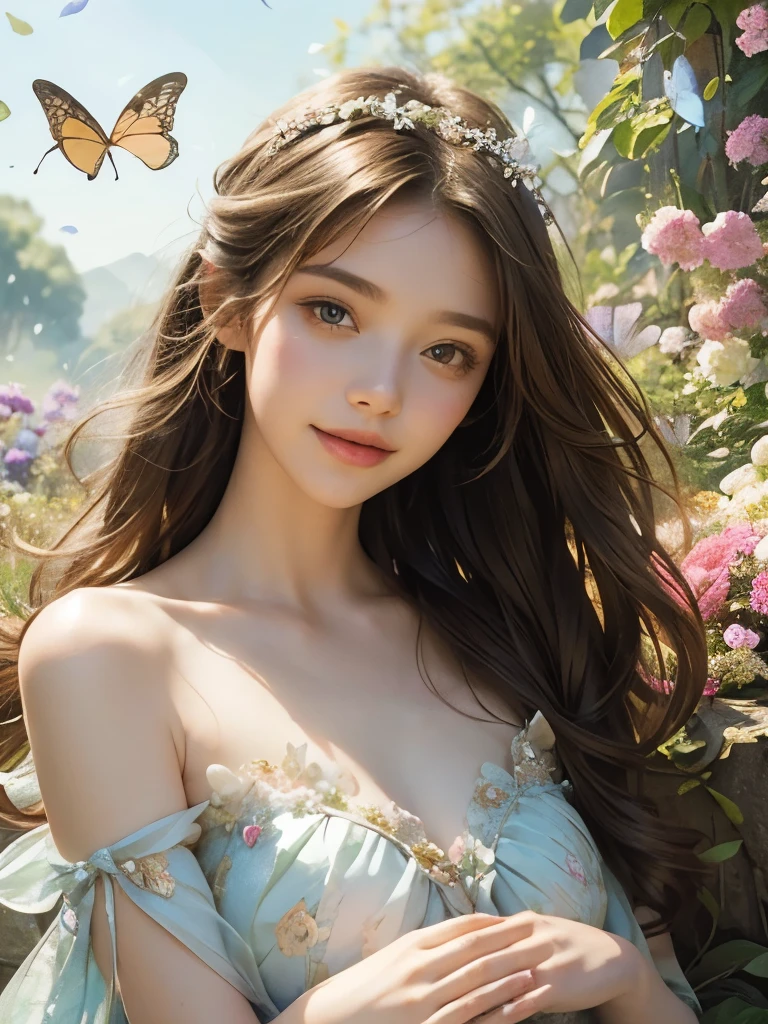 Beautiful girl in a fairy costume, A gentle smile, Soft lips,Soft skin texture, Surrounded by flowers and butterflies. content: Watercolor. style: Whimsical and delicate, Like an illustration in a children&#39;s book. Highest quality, Ultra high definition, Highest Resolution:1.2, masterpiece, 