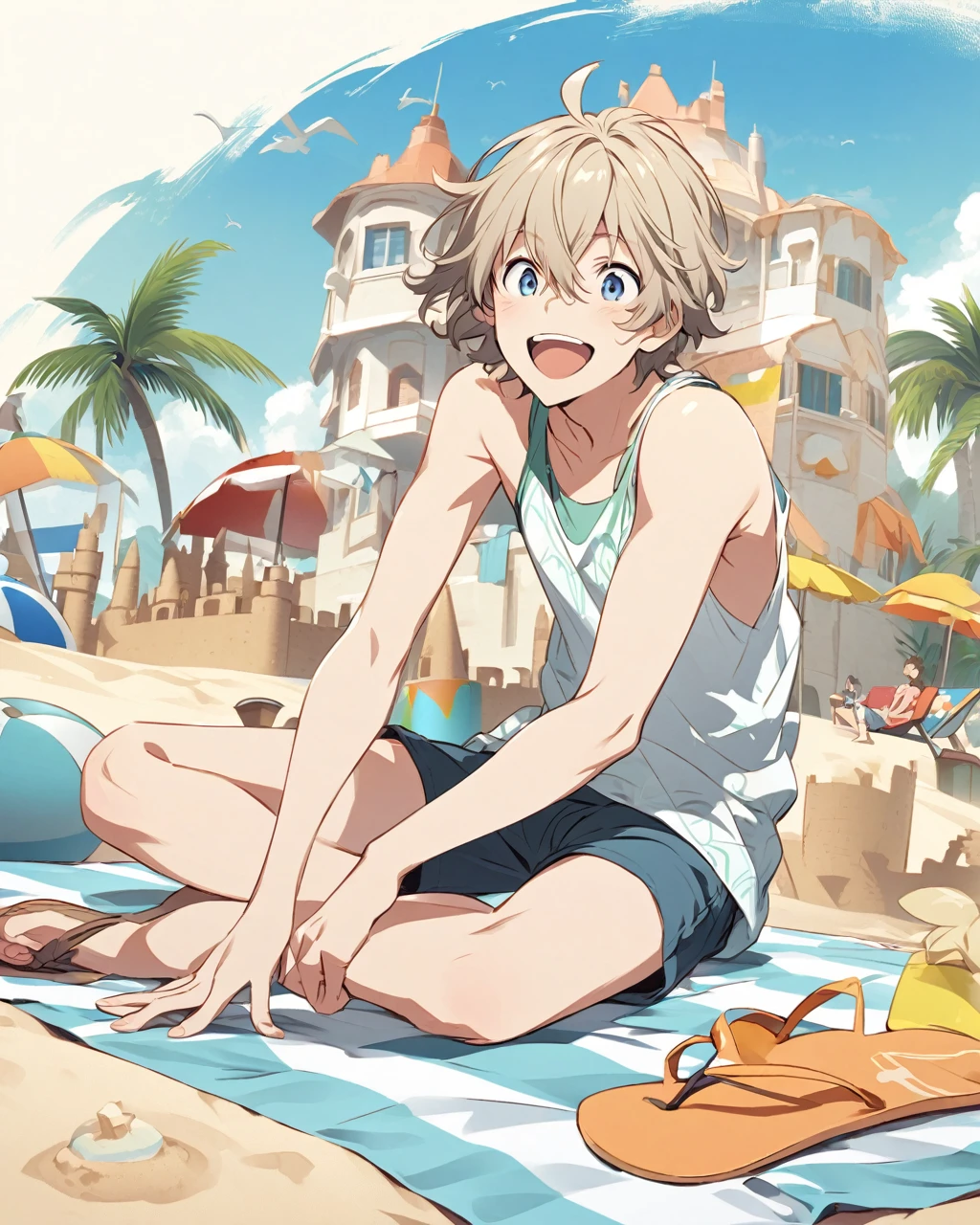 Create a detailed anime illustration of a young man with tousled, short hair and a casual summer outfit, including a tank top, shorts, and flip-flops. He is sitting on a beach towel, building a sandcastle, with a joyful and carefree expression. Use a bright, beach-themed background with the ocean and palm trees to highlight the fun and relaxed setting.