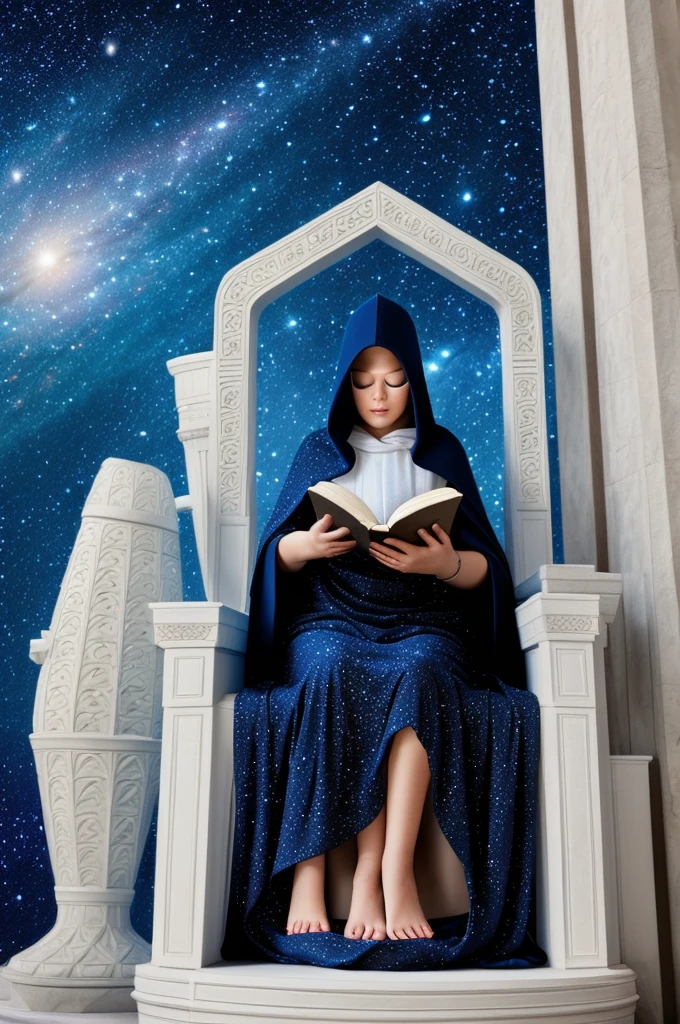 A woman wearing a white tunic, hood covering her eyes, reading a book, sitting on a throne on a platform in the universe, surrounded by stars and galaxies, cartoon style, cinematic, dark, 4k, mysterious