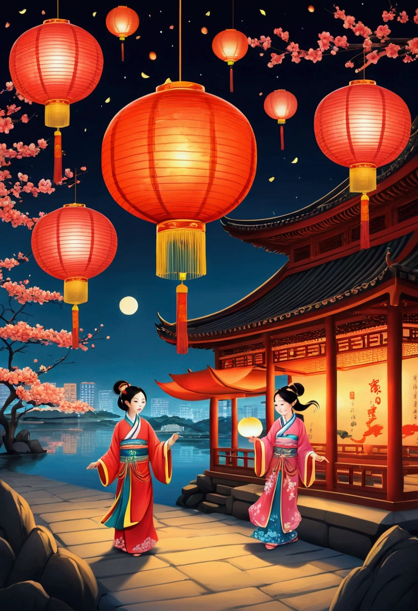 The color photo above is the original.,Characters do not need to appear,Only the night scenes of the ancient Lantern Festival are depicted.,Drawn with simple cartoon flat painting techniques