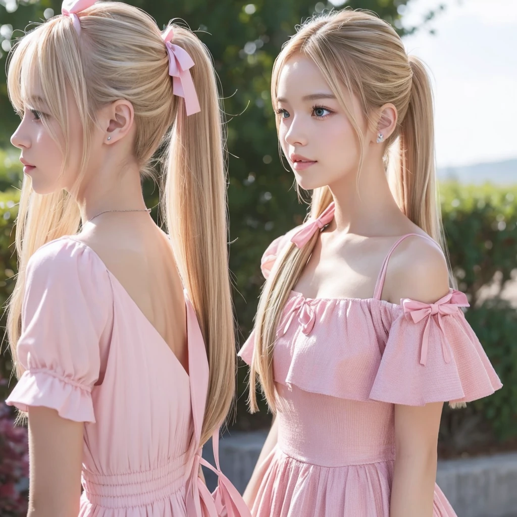 long blonde hair, smooth face, pink dress, hairstyle with two ponytails fixed with pink ribbons