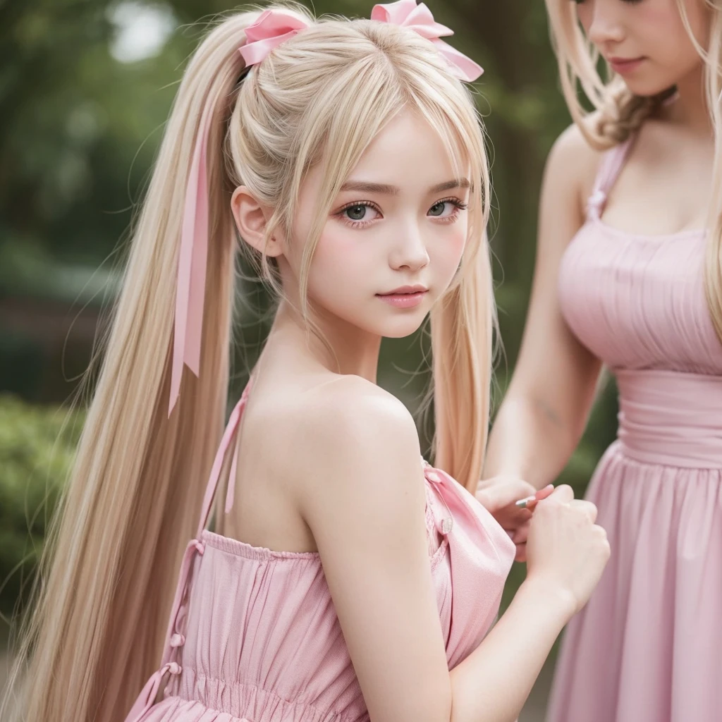 long blonde hair, smooth face, pink dress, hairstyle with two ponytails fixed with pink ribbons
