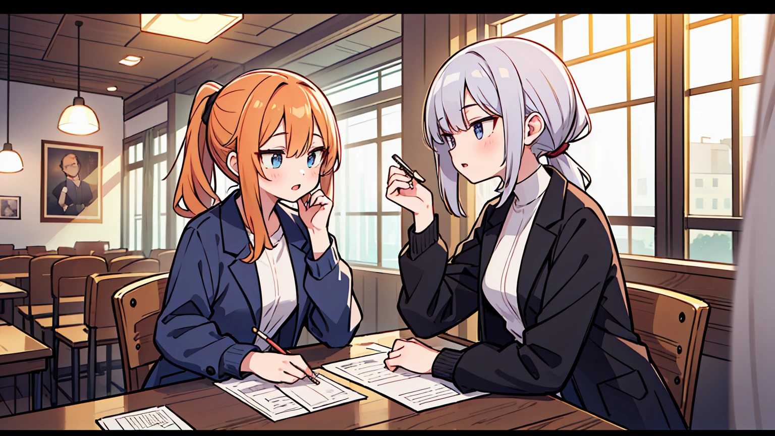 (masterpiece, best quality),Women with different faces and hairstyles, different hair colors, different faces, ponytail, letterboxed, perfection of fashion,chapped lips, casual attire, upper body, from the side,Jazz Cafe, The interior has a modern design,study at the table, eyes look at the note, together, stylish outfit,