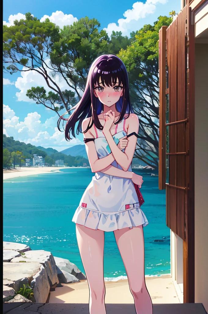 ランダムなポーズ、Random patterned swimsuit、Swimsuit,,Blushing、Pale brown eyes、Dark purple hair、Semi-long hair、Head to toe full body、Blushing、Embarrassed look、Composition from the front、A view from slightly below、school swimwear、Acme Face、Random pose、, 、nsfw、Highest quality、1 girl、solo、Ocean、Sandy Beach、Sexy pose、Random pose、Blushing、wet、Embarrassed、I can see half of my 、、One piece swimsuit、(Strap slip:1.3)、Swimsuit