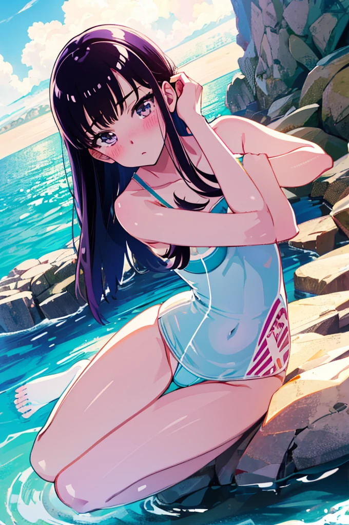 ランダムなポーズ、Random patterned swimsuit、Swimsuit,,Blushing、Pale brown eyes、Dark purple hair、Semi-long hair、Head to toe full body、Blushing、Embarrassed look、Composition from the front、A view from slightly below、school swimwear、Acme Face、Random pose、, 、nsfw、Highest quality、1 girl、solo、Ocean、Sandy Beach、Sexy pose、Random pose、Blushing、wet、Embarrassed、I can see half of my 、、One piece swimsuit、(Strap slip:1.3)、Swimsuit