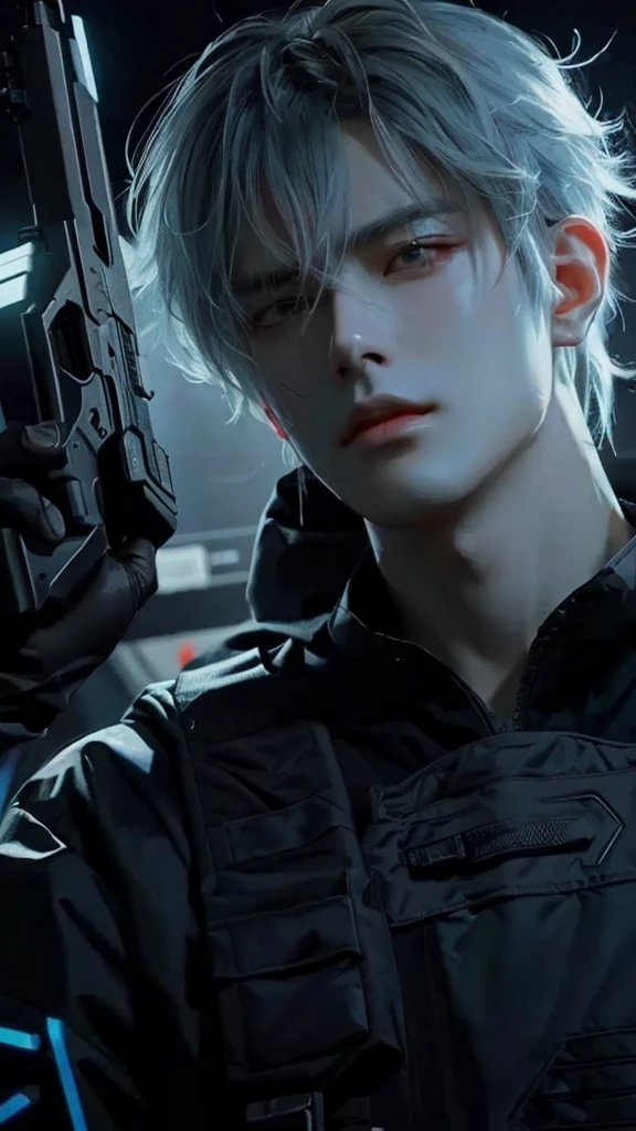 a man with a gun in his hand and a black shirt, inspiration from Yanjun Cheng, by Yang J., artwork in the style of guweiz, modern cyberpunk anime, cai xukun, anime ciberpunk, trend on artstation pixiv, v the devil can cry like an elf, cyberpunk anime digital art, highly detailed exquisite fanart, anime rudo 8k