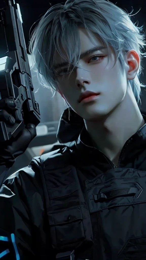 a man with a gun in his hand and a black shirt, inspiration from Yanjun Cheng, by Yang J., artwork in the style of guweiz, modern cyberpunk anime, cai xukun, anime ciberpunk, trend on artstation pixiv, v the devil can cry like an elf, cyberpunk anime digital art, highly detailed exquisite fanart, anime rudo 8k