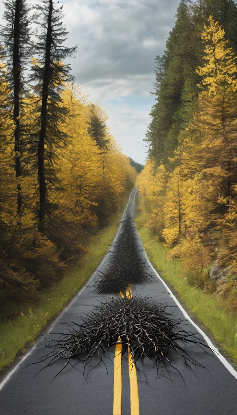 2 people saw a weasel carcass with many black thorns in the middle of a road surrounded by forest,