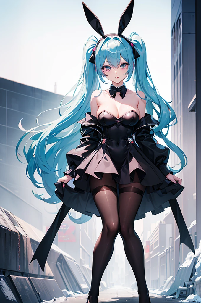 high quality,best quality,masterpiece,4k,8k,(((black bunny girl costume girl))),black bunnygirl suit,high leg costume,groin covered with black pantyhose,show off groin covered with black pantyhose,costume with white collar,eighteen years old girl,great figure,large breasts,blight pink bowtie,looking at viewer,light blue hair,pale pink inner hair color,length to shoulder twin tail hairstyle,black bunny ear headband,((all legs coverd with black pantyhose)),blush,(casino background),lean against casino roulette table